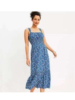 LOFT Blue Floral Midi Dress tiered Cottagecore Ruched beach coastal s feminine
